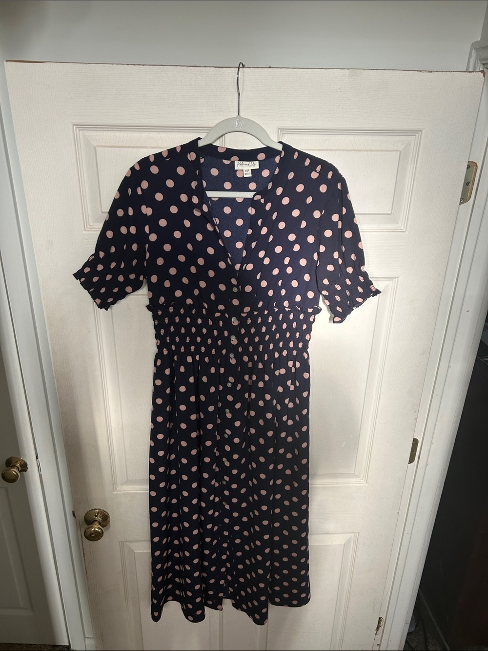 Navy Midi Dress with Pink Polka Dots and Smocked Waist